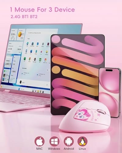 Image of My Little Pony Ergonomic Vertical Mouse, VM01 Dual-Mode (2.4GHz /Bluetooth) Wireless Silent Mouse with LED Battery Indicator, 6 Buttons Silent Clicking Mouse for Wrist Comfort, PC, Laptop, Mac (Pink)