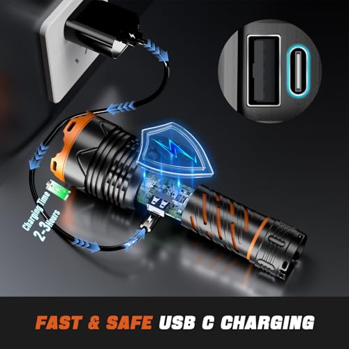 Image of Super Bright Flashlight High Lumens 100000 Rechargeable, Powerful Strong 50W LED, Long Lasting 15 Hours, Quick USB C Charge, Improved Single Click Design 3-Mode, LCD Display & Output, for Hiking Home