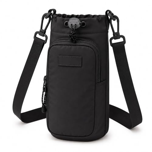 Bolsa Porta Garrafa com Alça Ajustável e Bolso para Celular | Suporte para Squeeze e Garrafa | Ideal para Caminhada, Academia, Corrida, Viagem e Uso Diário (Preto)