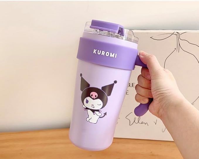 Image of Cute Cartoon Straw Tumbler 860ml with Handle | Doublewall-Reusable Sipper Cup with Lid for Kids & Teens | Lightweight Drinking Mug for Water, Juice & Milk (Purple)