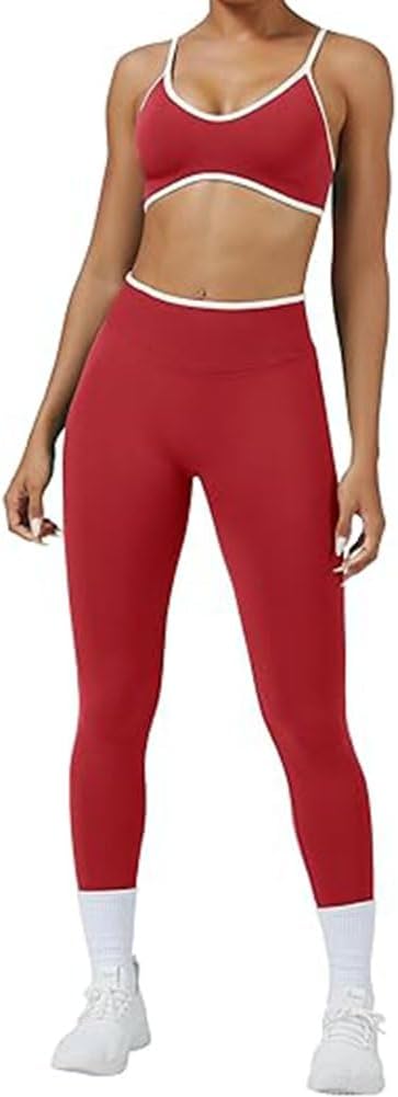 Workout Sets for Women 2 Piece Seamless Color Block Strappy Sports Bra High Waist Leggings Gym Yoga Pilates Outfits Sets