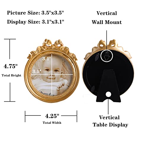 Kangce Picture Frames 3.5X3.5 Vintage Picture Frames Round Picture Frames Small Gold Picture Frames Wallet Size Picture Frames Ornate Picture Frames Antique Wall Decor Table Top Easel With Embossed Bow And Beaded #TOP1