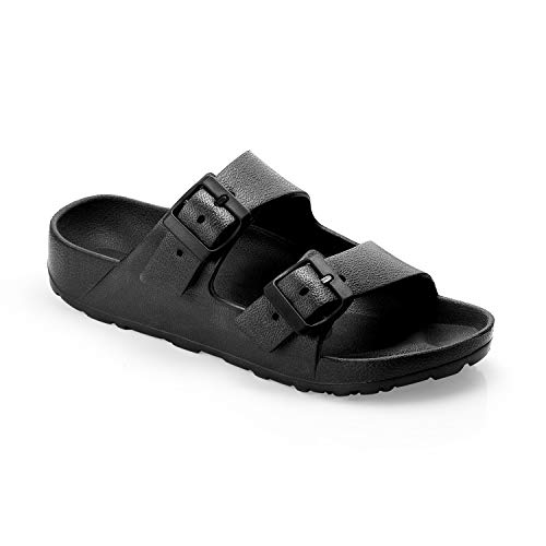 SEVEGO Womens Comfort Footbed Sandals, Lightweight and Waterproof, EVA Adjustable Double Buckle Slip-on Flat Slides with Arch Support, Black