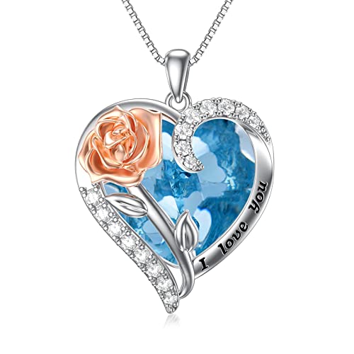 Geburtsstein Herz Kette für Damen März Aquamarin Kette 925 Sterling Silber Rose Anhänger Kette Ich Liebe Dich Herz Schmuck Geschenke für Damen Freundin sie Frau Mama Geburtstag Muttertag Geschenk Cover