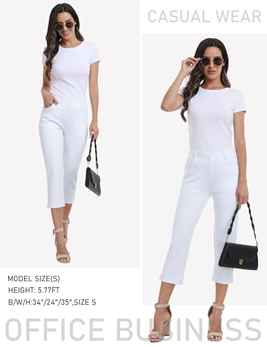 AjezMax Damen 3/4 Golf Hose Stretch Elegante Hosen hohe Taille Büro Business Freizeithose Straight Leg mit Taschen Weiß L