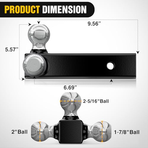 Image of Nilight Multi-Ball Trailer Hitch Ball Mount, 1-7 /8, 2, 2-5 /16-Inch Balls, Triple Ball Mount fits 2-1 /2-Inch Hitch Receiver, Chrome Plating