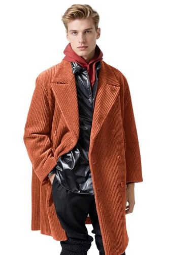 Image of CKGJLJ Corduroy Mens Overcoat Burnt Orange Vintage Winter Outwear Long Jacket Double Breasted Trench Coat Men Burnt Orange Double Breasted Winter Coat Men Formal Business Peacoats M