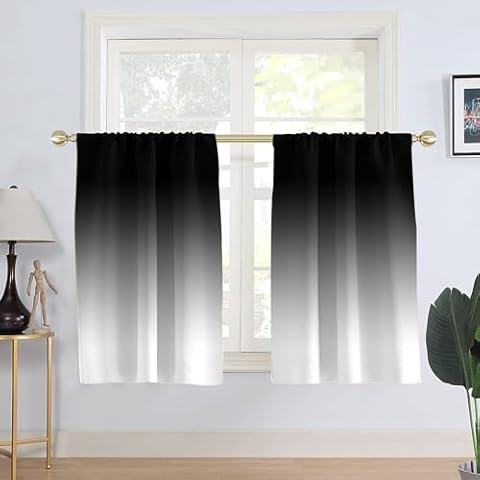 AAtter Black and Grey Window Curtains for Kitchen White Ombre Mens Gothic Art Two Tone Gradient Small Short Home Living Room Bedroom Bathroom Drapes Treatment Fabric 1 Pair, 27.5" W x 45" L, Modern Cover