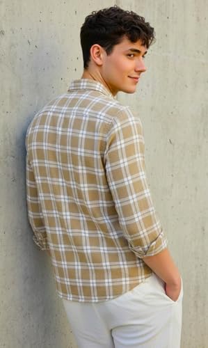 Image of U TURN Men's Casual Plaid Button-Down Shirt, Khaki and White Checkerd Shirt Stylish