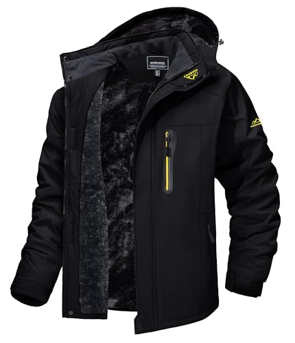 MAGCOMSEN Winterjacken Herren Warm Softshelljacke Outdoor Skijacke Fleece Winterparka Herren Übergangsjacke Wasserdicht Regen Jacke Wanderjacke mit Kapuze Schwarz M