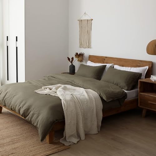 Image of XZ XIFA 100% Washed French Flax Linen Duvet Cover Set - 3 Pieces, Cooling & Textured Farmhouse Bedding for Hot Sleepers, with Zipper Closure (Olive Green, Queen)