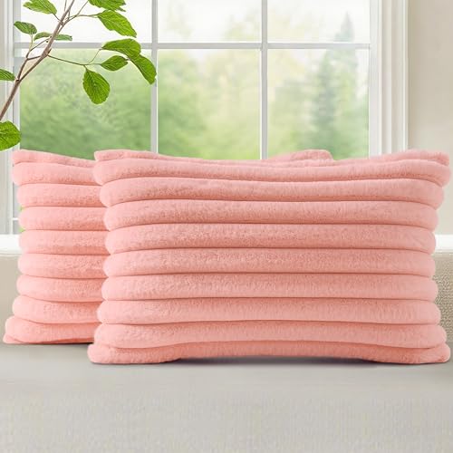 Image of decorUhome Fall Cozy Faux Fur Throw Pillow Covers 12x20 Set of 2 Decorative Plush Striped Lumbar Modern Farmhouse Boho Couch Pillow Cases with Velvet Back for Sofa Bed Living Room, Blush Pink