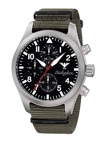 Airleader Steel Chronograph KHS.AIRSC.NSGO Edelstahl, Natoband steingrau-Oliv, KHS Tactical Watch, Einsatzuhr, Militäruhr, Fliegeruhr