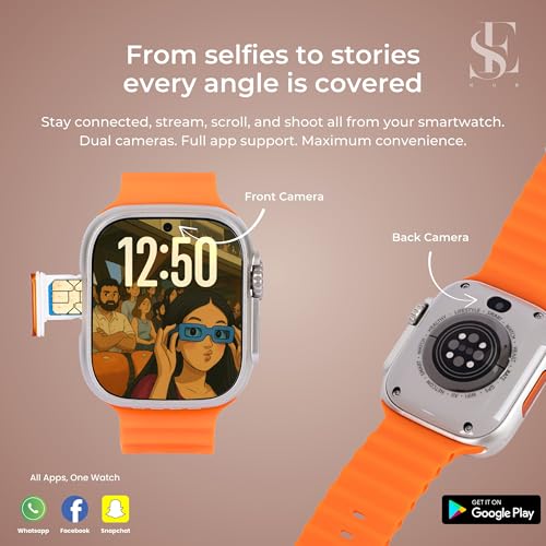 Image of SE HUB Premium SIM Enabled Smartwatch | AMOLED Touch Screen Video Call Capability Health Sensors SpO2 Heart Rate Large Memory Long Lasting Battery 49 mm Smart Wearable for Men Women Black Orange Strap