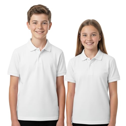 IMFAA White Pack of 2 Kids Boys and Girls School Uniform Polo Plain Short Sleeve Tops Shirts Outdoor Gym Sports Wear (White 11-12 Years)
