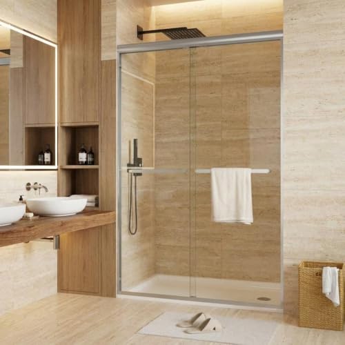 Image of 50-60 inch W x 72 inch H Aluminum Alloy Sliding Shower Door, Dual 5 /16 inch (8mm) Tempered Glass with Easy-Clean Coating, Brushed Nickel Frameless Bypass Door for Bathroom Remodel