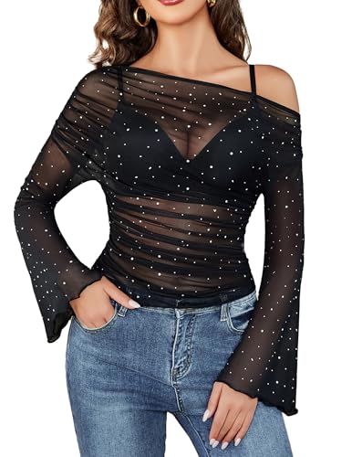 Avidlove Mesh Top for Women Long Sleeve Off The Shoulder Tops Sexy Clubwear Outfits Rhinestone Shirts S-XXL