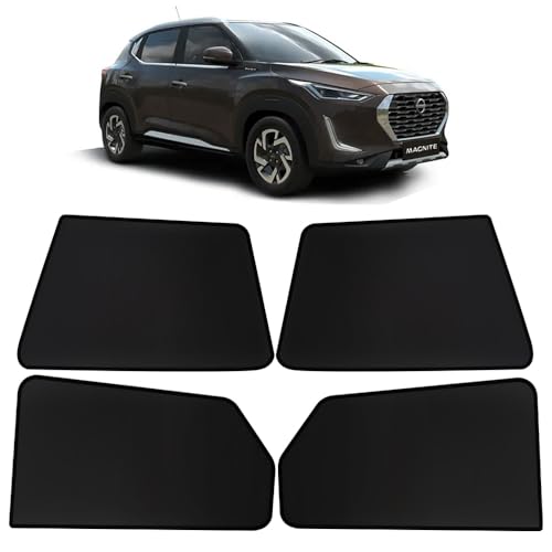 Image of OTO2EYE Car Sun Shade Compatible for Nissan Magnite Model 2020 to 2025, Z-Black Fix Type Side Window Curtains, Only Half Cut in Front Window, 4 Pieces Set