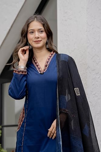 Image of MEERA FAB Women Floral Printed Pure Cotton Straight V-Neck Kurta with Palazzos & Dupatta