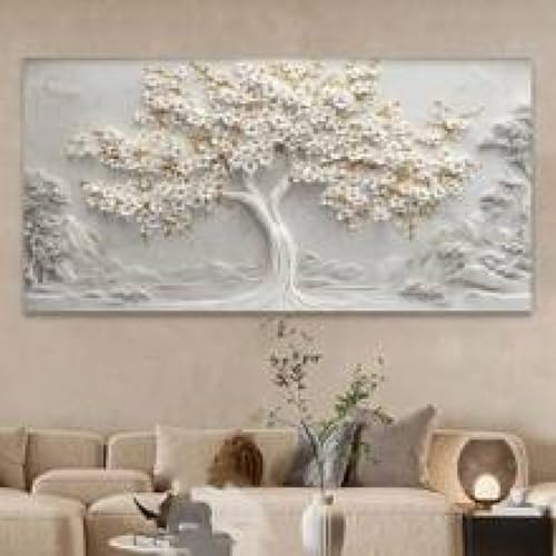 Toile montagne fleurs blanches style chinois pour decoration murale salon