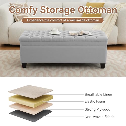 Image of WUTUTUEE 50 inch Fabric Storage Ottoman Bench, Upholstered Rectangle End of Bed Storage Ottoman Tufted Living Room Bedroom Bench with Safety Hinge, Solid Wood Legs, Loads 500 lb(Light Grey)