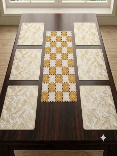 Image of Dakshya Industries PVC Waterproof Table Placemat & Table Runner Combo Set | 6 Dining Table Mats + 1 Runner | Heat Resistant, Washable, Non-Slip Table Mat Set (Heat Shield)