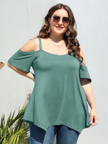 Image of LARACE Cold Shoulder Tops for Womens Summer Clothes Spaghetti Strape Tunic Oversized Shirts Asymmetrical Plus Size Blouse