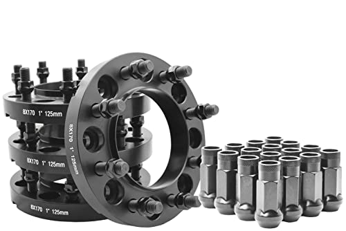 4 Pc Hub Centric Wheel Adapters Spacers | 8x170 MM | 1" Thick | M14x1.5 + 32 Pc Tall Opened End Gun Metal Lug Nuts W/Thread Locker Works with 2003-2019 Ford F-250 F-350 Super Duty