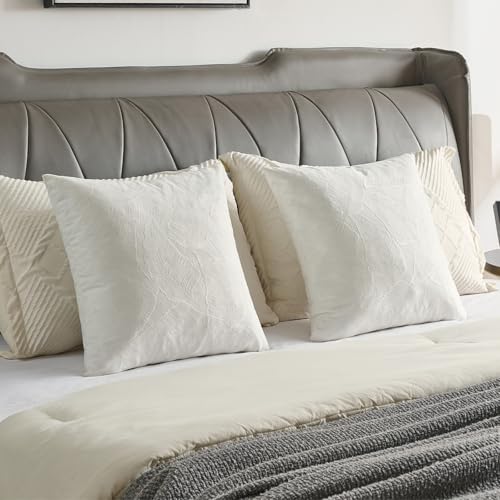 Image of FUTEI Pack of 2 Velvet Throw Pillow Covers 20x20 Inch Soft Embossed Leaf-Relief Textured Decorative Cushion Cases Modern Natural Farmhouse Accent for Couch Bed Living Room, Cream