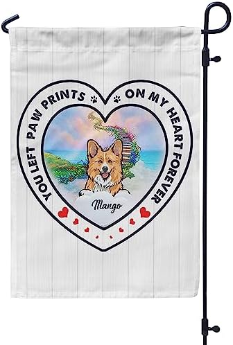 Personalized Pet Memorial Garden Flag For Dog You Left Pawprint On Hearts Frame Custom Name Pet Remembrance Gifts Double Sided Outdoor Flag For Anniversary Pet Memorial Day
