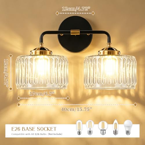 Image of Mid Century Modern Wall Sconce Clear Glass 6.7 inch Shade Striped Glass Bathroom Vanity Lights Vintage Style Brushed Finish Black Gold Wall Mount Light for Living Room, Bedroom, Hallway