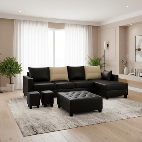 Image of CASASTYLE Texon 8 Seater Leatherette RHS L Shape Sofa Set with 1 Centre Table & 2 Puffy (Black) Premium Finish Comfortable Sectional Sofa Set