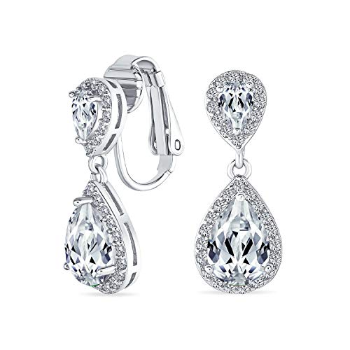 Lágrima Nupcial CZ Halo Prom Colgante Gota Lámpara De Araña Pendientes Clip On Cubic Zirconia Plata Chapado En Latón