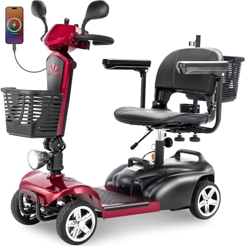 4 Wheels Eldryvon EV02A Mobility Scooter for Seniors & Adults Upto 300Lbs, Foldable Electric Powered Wheelchair with Dual Basket, Rotating Seat, 350W Motorized Mobile Scooter for Elderly, USB Charge
