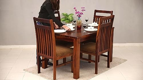 Image of RECTART sheesham Wood Standard Dining Table 4 Seater | Wooden Dining Room Furniture | 4 Chairs with Cushion | Honey Teak Brown Finish