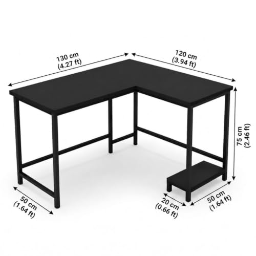 Image of L Shaped Computer Desk for Home Office | Multi-Purpose Study Table & Gaming | Engineered Wood Corner Workstation for Laptop & PC | Space Saving Desk | Black | 130X50X75cm