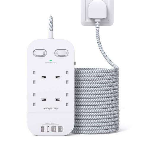 Extension Lead 5M 4 Way Surge Protected Power Strip with USB C Slots Extension Cable with Double Switches Plug Extension Socket 5M Braided Extension Cord for Home Office Accessories