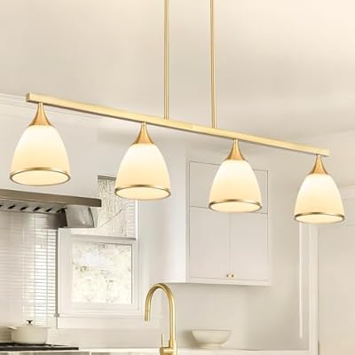 OTeedo 39.3" 4-Light Modern Island Lights for Kitchen Farmhouse Chandeliers for Dining Room Linear Pendant Light Fixtures Dining Room Chandelier Over Table Frosted Glass Lampshade Gold Hanging Lamp