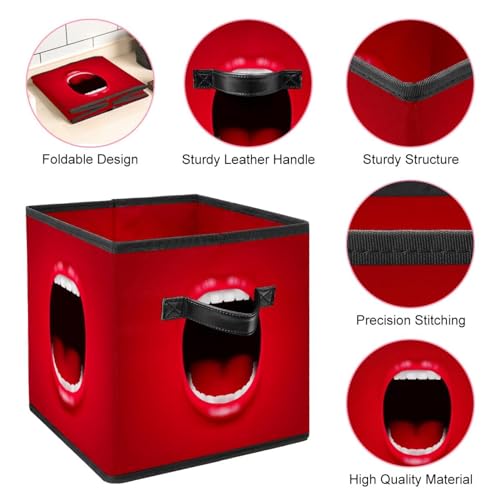 Boîte de rangement cube pliable en tissu avec poignées motif bouche rouge