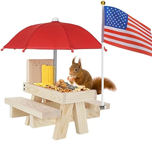 Squirrel Feeder, MEIXINZHI Wooden Squirrel Feeders for Outside with Umbrella, Flag, Corn Cob Holder, Solid Structure; Squirrel Picnic Table Feeder are a Gift for Squirrel and Chipmunk Lovers