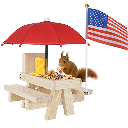 Squirrel Feeder, Meixinzhi Wooden Squirrel Feeders For Outside With Umbrella, Flag, Corn Cob Holder, Solid Structure; Squirrel Picnic Table Feeder Are A Gift For Squirrel And Chipmunk Lovers #TOP10