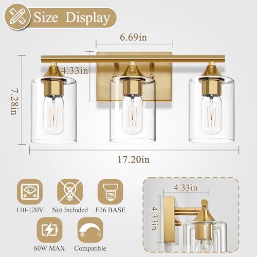 Image of Gold Bathroom Light Fixtures,3-Light Vanity Lights,Modern Brushed Brass Gold Wall Sconce Lighting,Bathroom Wall Lamp for Mirror Bedroom Living Room Vanity Table Hallway