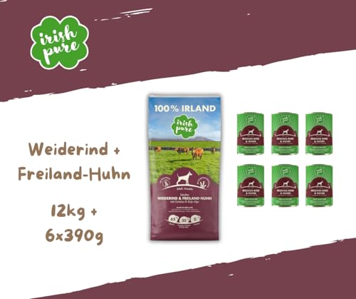 Irish Pure Adult Weiderind + Freiland-Huhn - Hundefutter - 1x12kg + 6x390g – getreidefreies Trockenfutter & Nassfutter – 100 % natürliche Zutaten – mit Kelp-Alge – für ausgewachsene Hunde - Sparpaket