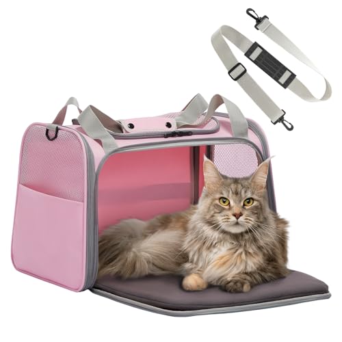 Petsfit Large Cat Carrier Up to 12KG, Pet Carrier with Extendable Fleece Mat,Small Dog Travel Bag Carrier with Safety Leash for Puppy for Car Use, Pink Cat Carrier