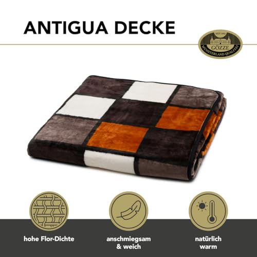 Gözze - Weiche Kuscheldecke, Cashmere Feeling, Hohes Stoffgewicht 500 g/m², Antigua, 150 x 200 cm - Zimt/Schwarz/Weiß