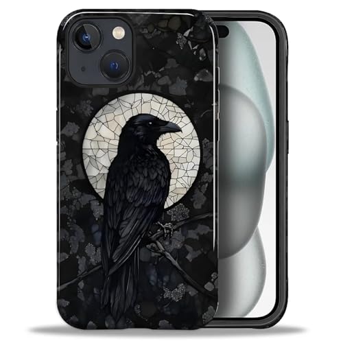 ZHEGAILIAN Case for iPhone 15 Plus,Durable Drop Protection Shockproof Silicone Hard PC 2 in 1 Hybrid Protective Cover with Stylish Pattern Design Black Crow Raven Stained Glass