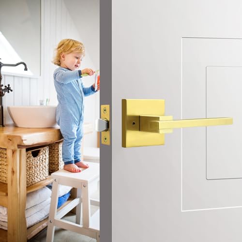 Image of Orger 5 Pack Gold Privacy Door Handles Square Keyless Door Lever, Interior Door Handle for Bathroom and Bedroom, Modern Door Handle Sets Stainless Steel
