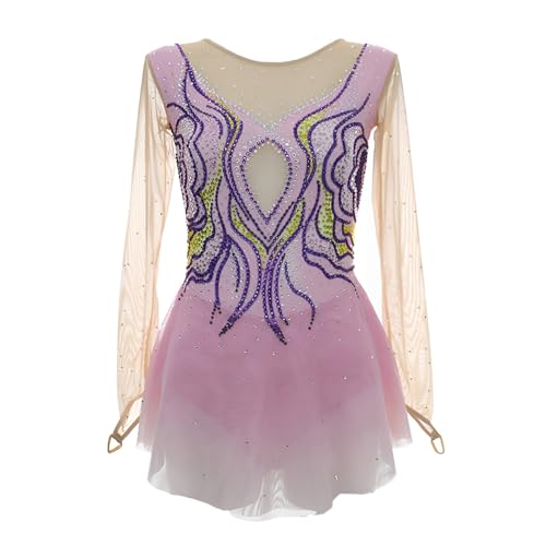 Girl's Shiny Competition Figure Skating Dress, Women's Handmade Long Sleeve Ice Skating Dresses, Customizable(Medium) Pink
