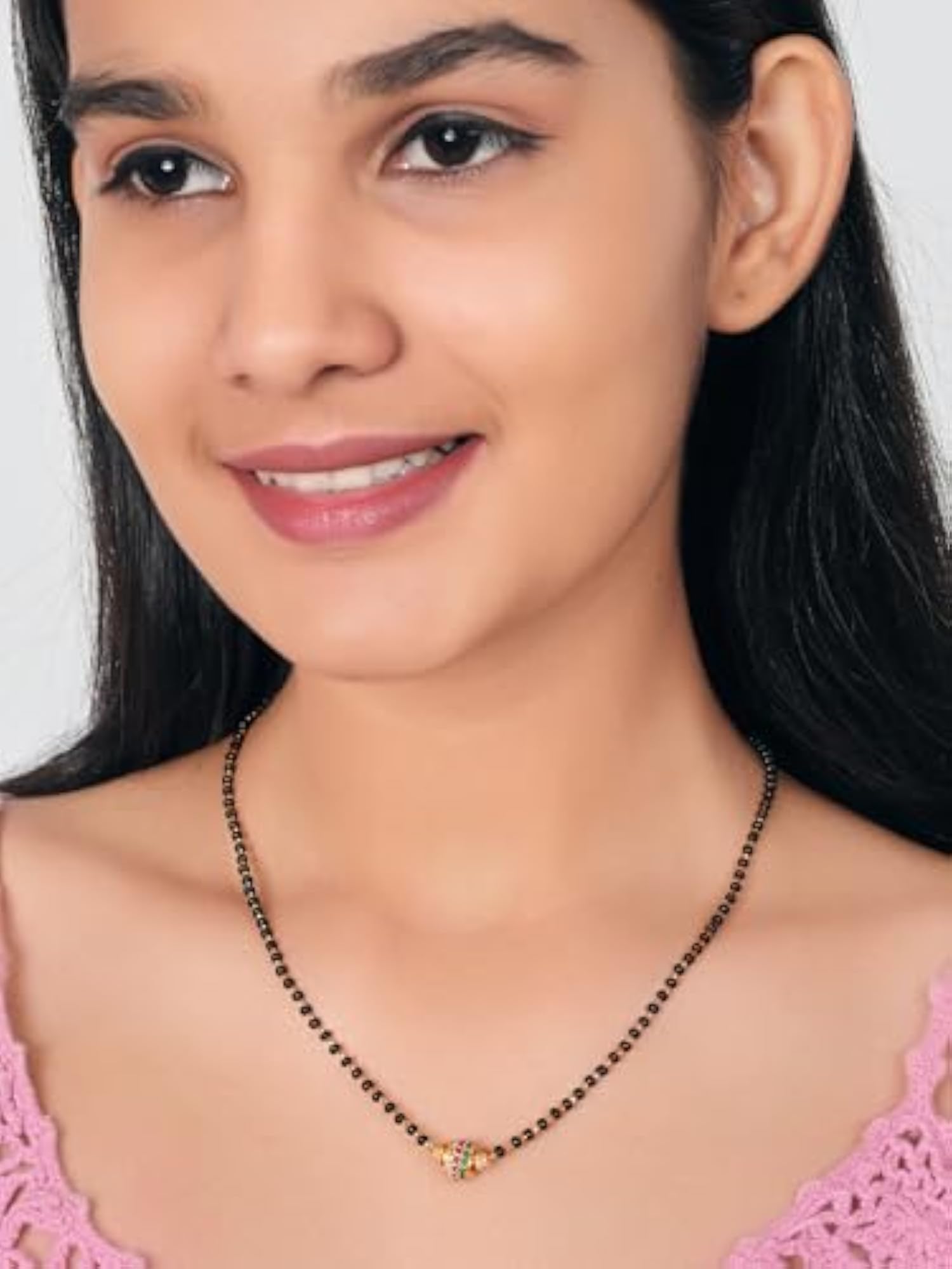 Ruby Diamond Pendant with Black Beads Chain Short Mangalsutra