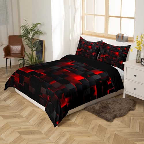 Red And Black Boys Bedding Set Double Size Neon Geometric Checkered Kids Comforter Cover Teen Men Abstract Square Grid Duvet Cover Glowing Plaid Check Bed Set Modern Room Decor - Image 3